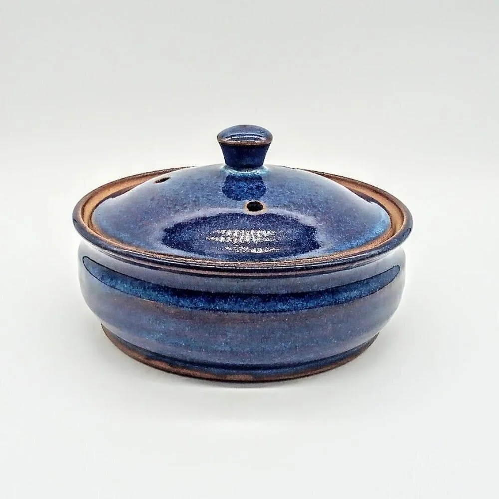 Blue Glazed Covered Ceramic Round Baker